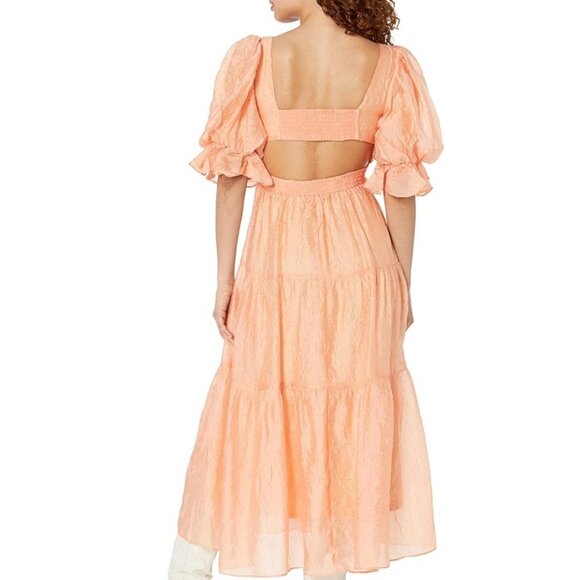 MOON RIVER Womens Sz S Puff Sleeve Tiered Back cutout Midi Dress Coral Cocktail - Picture 6 of 16